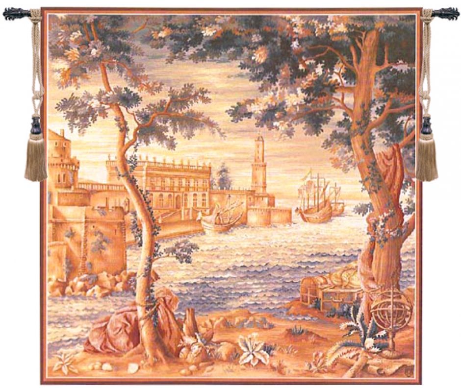 Le Port de Mer French Wall Tapestry W-1329, 50-59Inchestall, 50-59Incheswide, 58H, 58W, Art, Brown, Cotton, Europe, European, French, Grande, Group, Hanging, Harvest, Medieval, Of, Old, Olde, Pineapple, Square, Tapastry, Tapestries, Tapestry, Tapistry, Vintage, Wall, World, Woven, Frenchwoven, Europeanwoven, sea, seaport, boats, antique, tapestries, tapestrys, hangings, and, the
