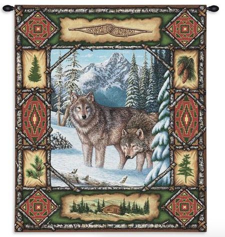 Wolf Lodge Wall Tapestry C-1099, 10-29Incheswide, 1099-Wh, 1099C, 1099Wh, 26W, 30-39Inchestall, 34H, Animal, Carolina, USAwoven, Dowel, Gray, Grey, Lodge, Tapestry, Vertical, Wall, Wolf, Wood, tapestries, tapestrys, hangings, and, the