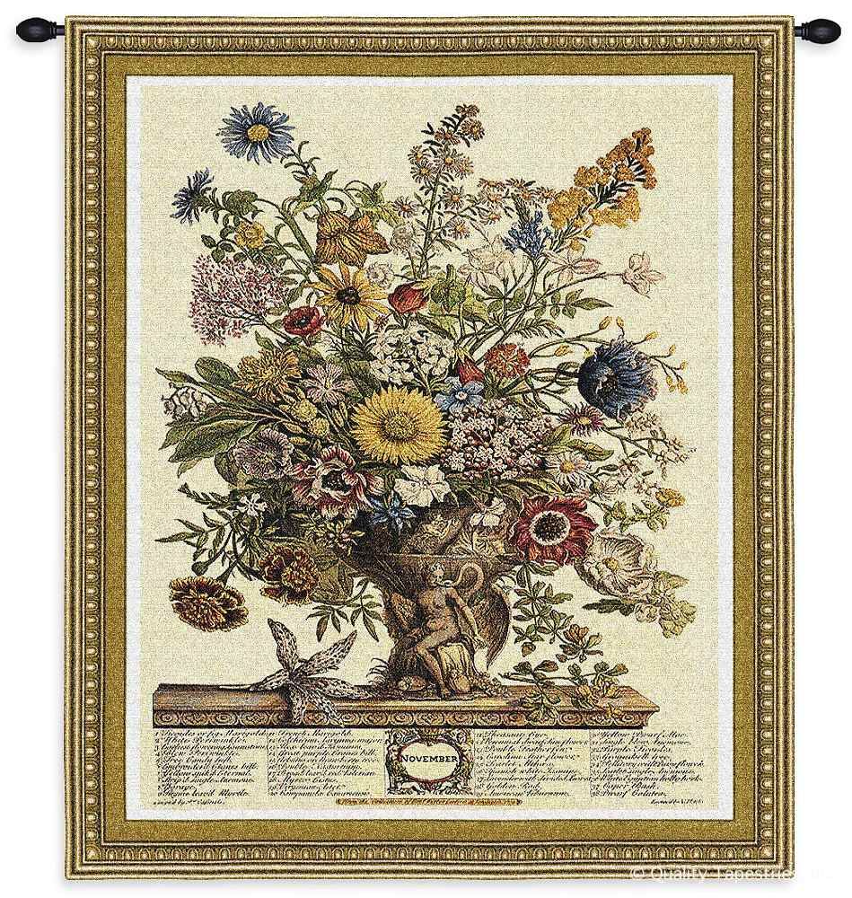 November Botanical Wall Tapestry C-1808, 10-29Incheswide, 1808-Wh, 1808C, 1808Wh, 26W, 30-39Inchestall, 32H, Border, Botanical, Carolina, USAwoven, Cream, Floral, November, Tapestry, Vertical, Wall, Yellow, tapestries, tapestrys, hangings, and, the