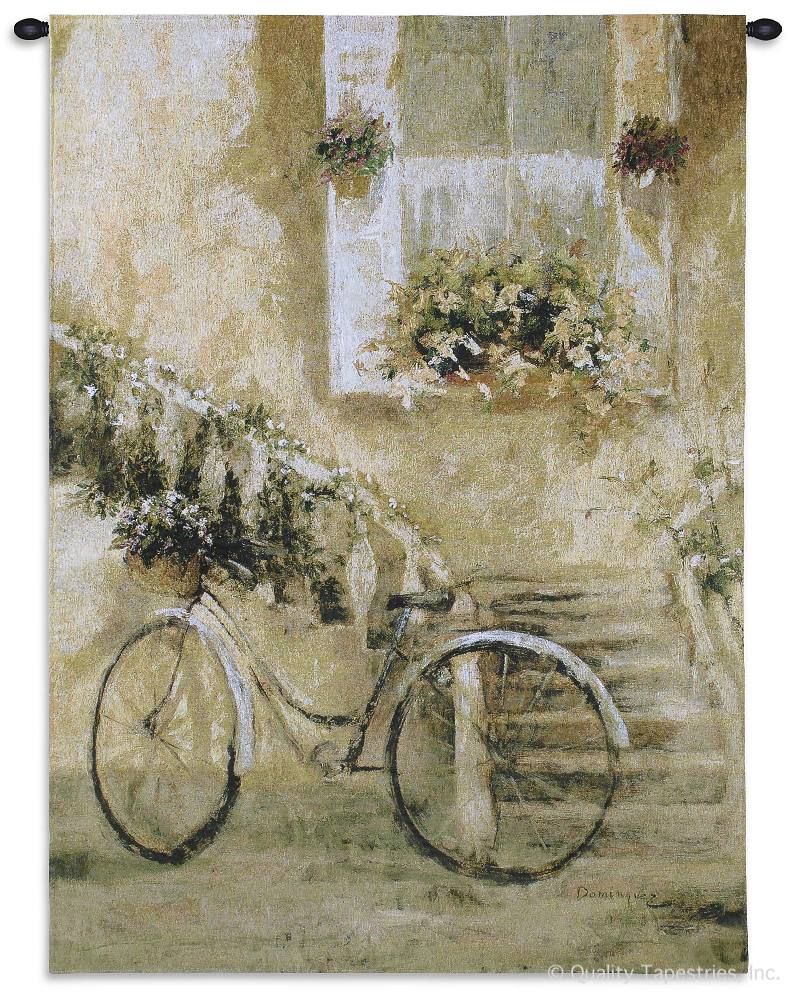Courtyard Bicycle Wall Tapestry C-2077, 2077-Wh, 2077C, 2077Wh, 30-39Incheswide, 38W, 50-59Inchestall, 53H, Art, Bicycle, Botanical, Brown, Carolina, USAwoven, Cotton, Courtyard, Erope, Europe, European, Eurupe, Floral, Flower, Flowers, Hanging, Pedals, Tapestries, Tapestry, Travel, Urope, Vertical, Wall, Woven, tapestries, tapestrys, hangings, and, the