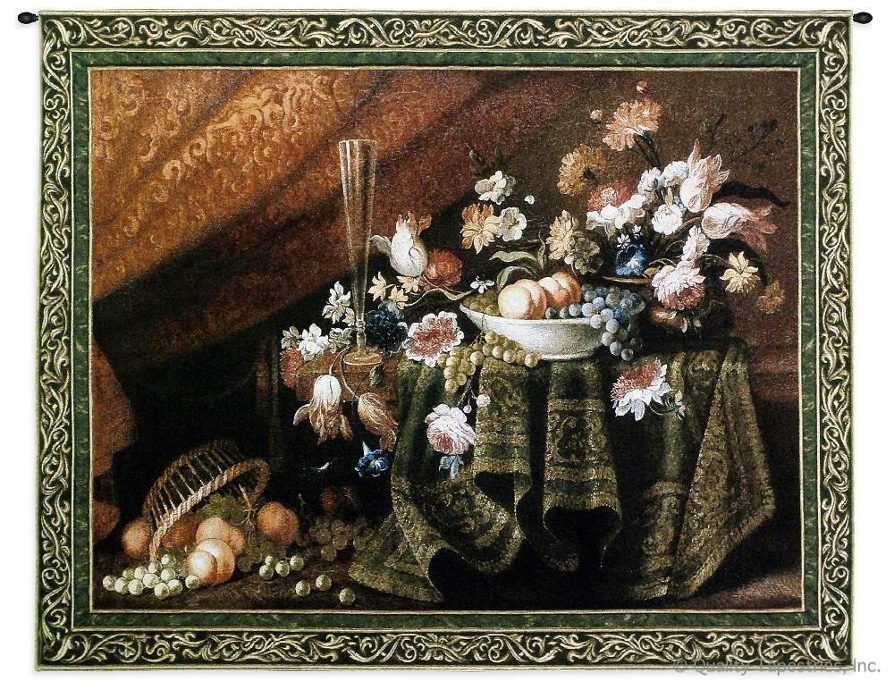 Fruits of Labor Still Life Wall Tapestry C-2151, 2151-Wh, 2151C, 2151Wh, 40-49Inchestall, 42H, 50-59Incheswide, 53W, Art, Botanical, Bouquet, Carolina, USAwoven, Cotton, Floral, Flower, Flowers, Fruits, Gold, Hanging, Horizontal, Labor, Life, Of, Orange, Pedals, Still, Tapestries, Tapestry, Wall, Woven, tapestries, tapestrys, hangings, and, the