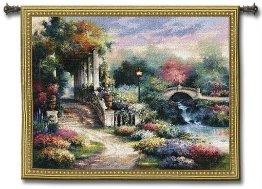 Vintage Garden Wall Tapestry C-2225, 2225-Wh, 2225C, 2225Wh, 50-59Inchestall, 53H, 60-69Incheswide, 68W, Art, Blue, Botanical, Carolina, USAwoven, Cotton, Floral, Flower, Flowers, Garden, Green, Hanging, Horizontal, Pedals, Pink, Purple, Tapestries, Tapestry, Vintage, Wall, Woven, tapestries, tapestrys, hangings, and, the