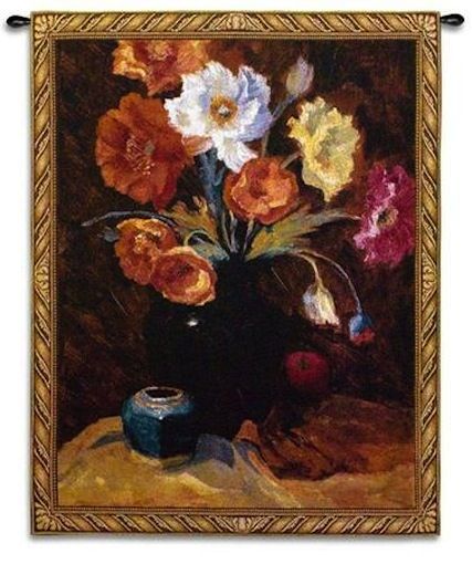 Poppies in Black Vase Wall Tapestry C-2227, 2227-Wh, 2227C, 2227Wh, 40-49Incheswide, 40W, 50-59Inchestall, 53H, Art, Black, Botanical, Bouquet, Carolina, USAwoven, Cotton, Dark, Floral, Flower, Flowers, Hanging, In, Of, Orange, Pedals, Pink, Poppies, Tapestries, Tapestry, Vase, Vertical, Vvv, Wall, White, Woven, tapestries, tapestrys, hangings, and, the