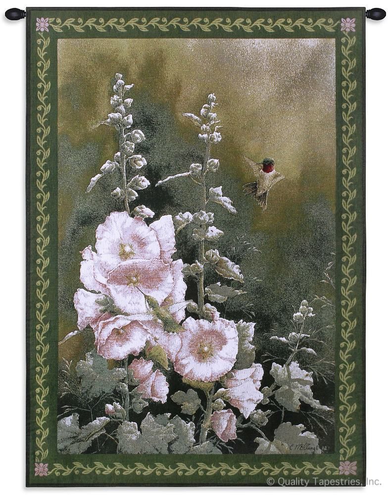 Pink Hollyhocks Wall Tapestry C-2304, 2304-Wh, 2304C, 2304Wh, 30-39Incheswide, 38W, 50-59Inchestall, 53H, Animal, Animals, Art, Carolina, USAwoven, Cotton, Flowers, Green, Hanging, Hollyhocks, Hummingbird, Pink, Tapastry, Tapestries, Tapestry, Tapistry, Vertical, Vvv, Wall, Woven, tapestries, tapestrys, hangings, and, the