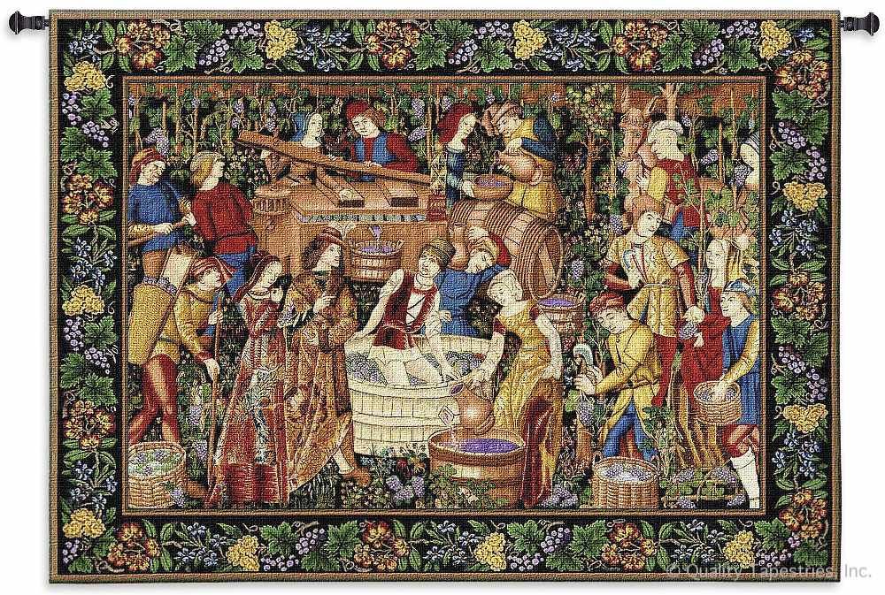 Medieval Vendanges Grape Harvest Wall Tapestry C-2383, 2383-Wh, 2383C, 2383Wh, 50-59Inchestall, 53H, 70-79Incheswide, 75W, Ancient, Antique, Art, Artist, S, Big, Blue, Brown, Carolina, USAwoven, Cellar, Cotton, European, Famous, Grape, Green, Hanging, Harvest, Horizontal, Large, Late, Masterpiece, Masterpieces, Medieval, Old, Olde, Painting, Paintings, Seller, Tapestries, Tapestry, Vendanges, Vineyard, Vintage, Wall, Wide, Wine, World, Woven, Woven, Bestseller, tapestries, tapestrys, hangings, and, the