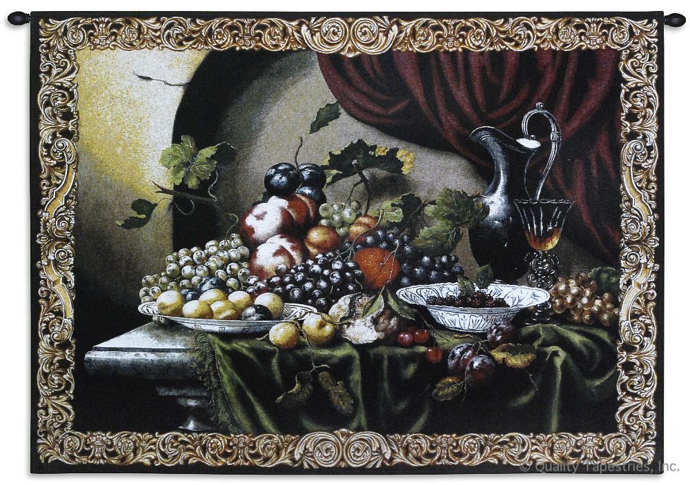 Vintage Still Life Bordered Wall Tapestry C-2433, 2433-Wh, 2433C, 2433Wh, 30-39Inchestall, 38H, 50-59Incheswide, 53W, Art, S, Black, Border, Bordered, Carolina, USAwoven, Cotton, Dark, Fruit, Gold, Grapes, Green, Hanging, Horizontal, Life, Old, Purple, Seller, Still, Tapestries, Tapestry, Vintage, Wall, World, Woven, Woven, Bestseller, tapestries, tapestrys, hangings, and, the