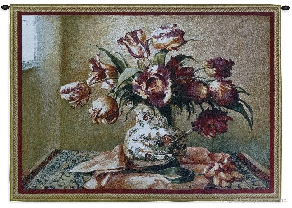 Tulips in Oriental Vase Wall Tapestry C-2454, 2454-Wh, 2454C, 2454Wh, 30-39Inchestall, 36H, 50-59Incheswide, 53W, Art, Botanical, Brown, Carolina, USAwoven, Cotton, Floral, Flower, Flowers, Hanging, Horizontal, In, Oriental, Pedals, Pink, Tapestries, Tapestry, Tulips, Vase, Wall, Woven, tapestries, tapestrys, hangings, and, the