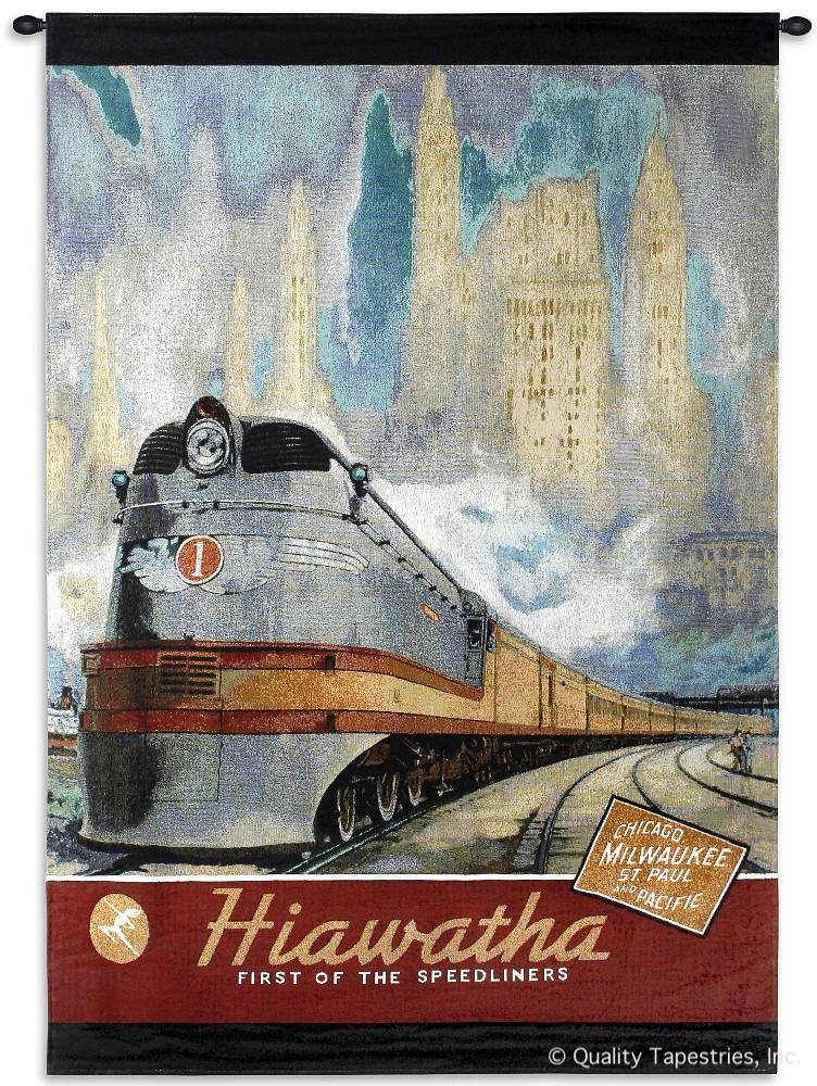 Hiawatha Train Vintage Poster Wall Tapestry C-2459, 2459-Wh, 2459C, 2459Wh, 30-39Incheswide, 38W, 50-59Inchestall, 53H, Ad, Advertisement, Advertisements, Ancient, Antique, Art, S, Blue, Carolina, USAwoven, Cotton, Famous, Hanging, Hiawatha, Old, Olde, Poster, Posters, Red, Seller, Tapestries, Tapestry, Train, Travel, Vertical, Vintage, Wall, Woven, Woven, tapestries, tapestrys, hangings, and, the