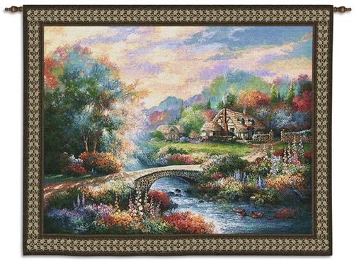 Country Bridge Wall Tapestry C-2527, Carolina, USAwoven, Tapestry, Home, Lake, Blue, Orange, Green, Border, Trees, 30-39Incheswide, 10-29Inchestall, Horizontal, Cotton, Woven, Wall, Hanging, Tapestries, tapestries, tapestrys, hangings, and, the