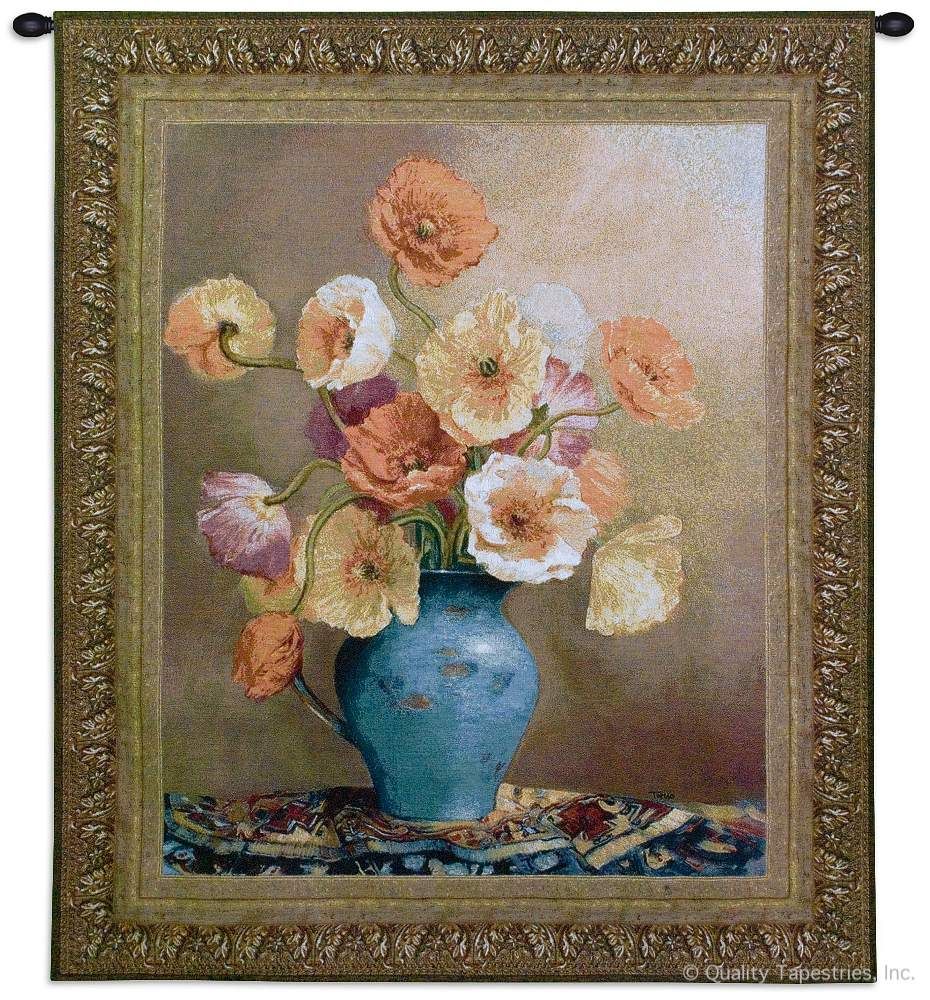 Poetic Poppies Wall Tapestry C-2777, Carolina, USAwoven, Tapestry, Still, Life, Floral, Blue, Yellow, Orange, Border, 40-49Incheswide, 50-59Inchestall, Vertical, Cotton, Woven, Wall, Hanging, Tapestries, tapestries, tapestrys, hangings, and, the