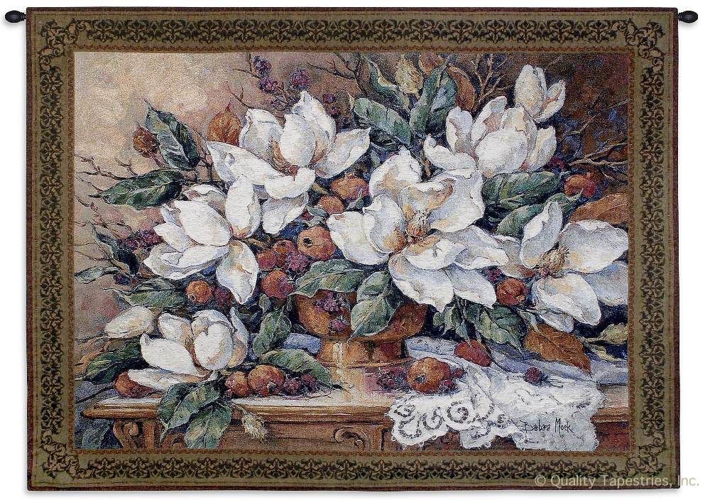 Enduring Riches Floral Wall Tapestry C-2779, Carolina, USAwoven, Tapestry, Still, Life, Floral, White, Brown, Border, 50-59Incheswide, 40-49Inchestall, Horizontal, Cotton, Woven, Wall, Hanging, Tapestries, tapestries, tapestrys, hangings, and, the