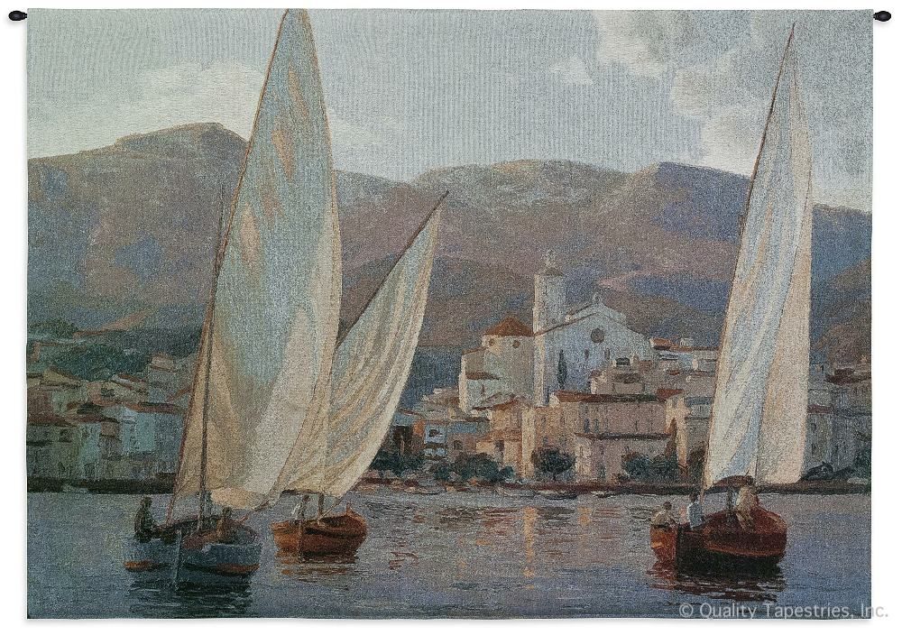 Velas En Cadaques Wall Tapestry C-2822, Carolina, USAwoven, Tapestry, Coastal, Nautical, European, Purple, Cream, Boats, 50-59Incheswide, 30-39Inchestall, Horizontal, Cotton, Woven, Wall, Hanging, Tapestries, tapestries, tapestrys, hangings, and, the, mission