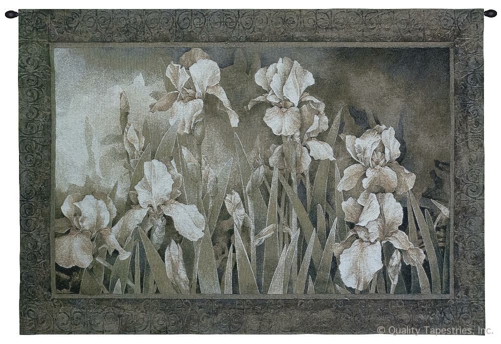 Field of Irises Wall Tapestry C-2842, 2842-Wh, 2842C, 2842Wh, 30-39Inchestall, 38H, 50-59Incheswide, 53W, Art, Botanical, Carolina, USAwoven, Cotton, Cream, Field, Floral, Flower, Flowers, Gray, Grey, Hanging, Horizontal, Irises, Of, Pedals, Tapestries, Tapestry, Wall, White, Woven, tapestries, tapestrys, hangings, and, the
