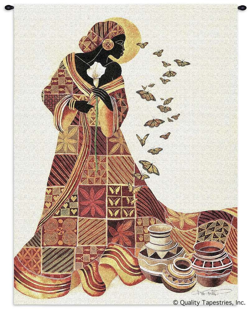 Modern African Woman & Butterflies Wall Tapestry C-2916, &, 2916-Wh, 2916C, 2916Wh, 30-39Incheswide, 39W, 50-59Inchestall, 53H, Abstract, Africa, African, Art, Black, Butterflies, Carolina, USAwoven, Contemporary, Cotton, Folks, Hanging, Lady, Man, Modern, Orange, People, Person, Persons, Tapastry, Tapestries, Tapestry, Tapistry, Vertical, Wall, Woman, Women, Woven, tapestries, tapestrys, hangings, and, the