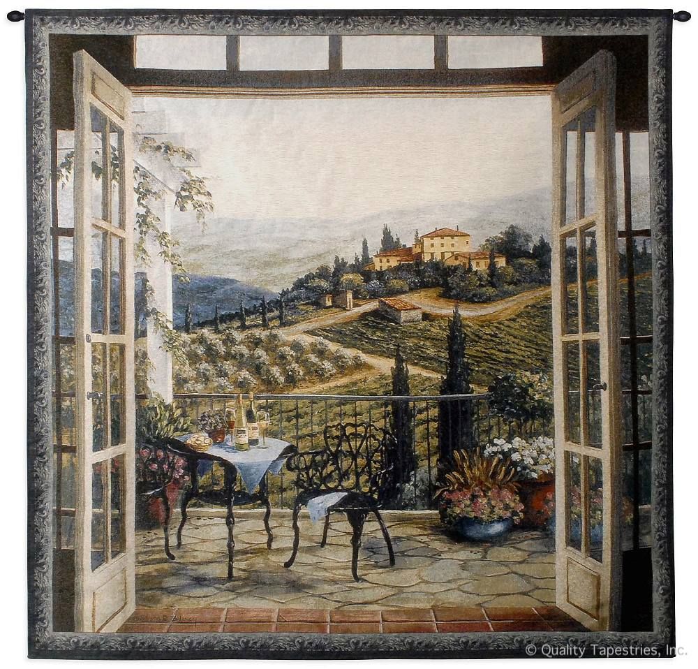 Balcony View of the Villa Wall Tapestry C-2950, 2950-Wh, 2950C, 2950Wh, 50-59Inchestall, 50-59Incheswide, 53H, 53W, Art, Balcony, S, Carolina, USAwoven, Cotton, Doors, Estate, Europe, European, Green, Hanging, Home, Landscape, New, Of, Seller, Square, Tapestries, Tapestry, Tapistry, The, Top50, Trees, View, Villa, Vineyard, Wall, Wine, Woven, Woven, Bestseller, tapestries, tapestrys, hangings, and, the