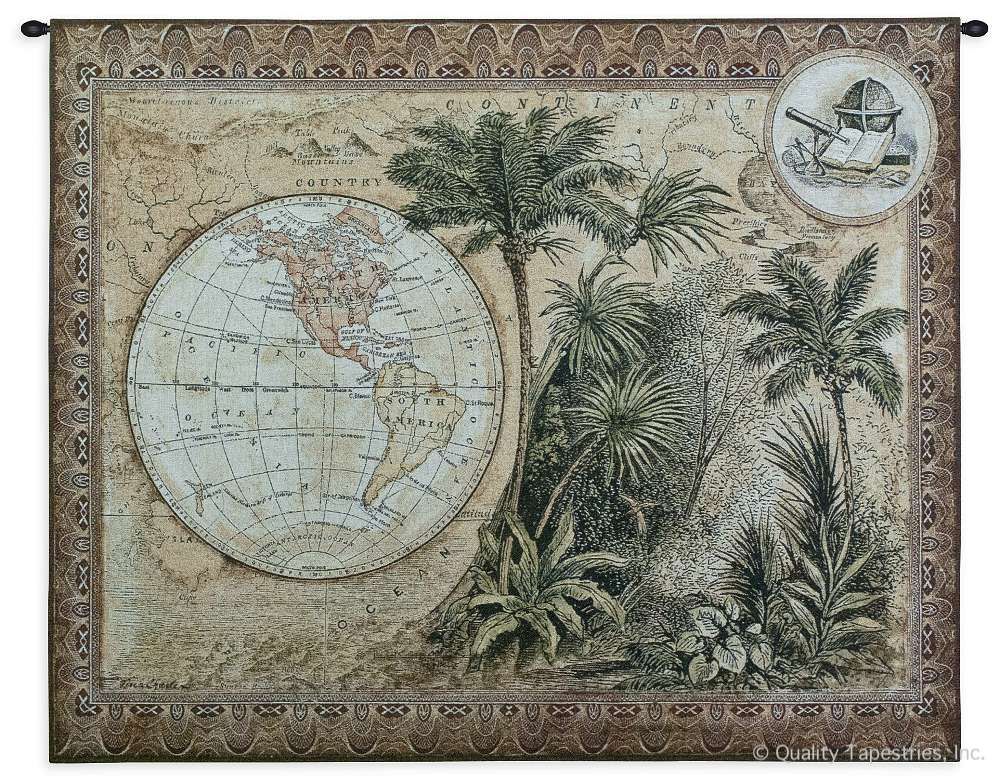 Tropical World Map Wall Tapestry C-2991, 2991-Wh, 2991C, 2991Wh, 40-49Inchestall, 43H, 50-59Incheswide, 53W, Ancient, Antique, Art, Border, Brown, Carolina, USAwoven, Cotton, Famous, Grande, Green, Hanging, Hemisphere, Hemispheres, Horizontal, Map, Maps, Old, Olde, Pangea, Tapestries, Tapestry, Tropical, Vintage, Wall, World, Woven, tapestries, tapestrys, hangings, and, the
