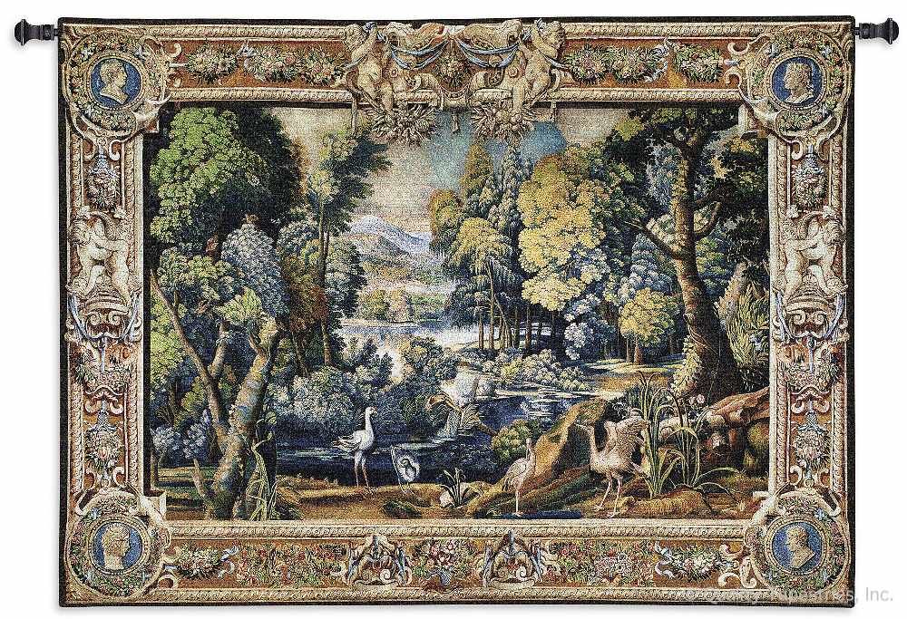 Vintage Brussels Wall Tapestry C-3095, 3095-Wh, 3095C, 3095Wh, 50-59Inchestall, 53H, 70-79Incheswide, 71W, Ages, Angels, Antique, Art, Big, Birds, Border, Brown, Brussels, Carolina, USAwoven, Cotton, European, Green, Hanging, Horizontal, Huge, Large, Medieval, Middle, New, Old, Tapestries, Tapestry, Tapistry, Trees, Vintage, Wall, Wide, World, Woven, tapestries, tapestrys, hangings, and, the