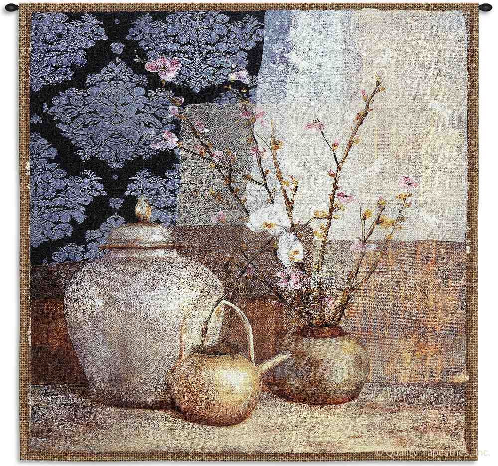 Asian Flowers & Pottery Wall Tapestry C-3564, &, 3564-Wh, 3564C, 3564Wh, 50-59Inchestall, 50-59Incheswide, 53H, 53W, Art, Ashley, Asia, Asian, Beige, Blue, Brown, Carolina, USAwoven, Chinese, Cotton, Flowers, Hanging, Japanese, Orient, Oriental, Pottery, Square, Tapestries, Tapestry, Wall, Woven, tapestries, tapestrys, hangings, and, the