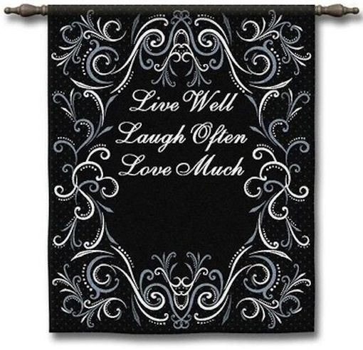 Live Well Black Wall Tapestry C-3897, 10-29Incheswide, 26W, 30-39Inchestall, 32H, 3897-Wh, 3897C, 3897Wh, Art, Black, Carolina, USAwoven, Cotton, Hanging, Laugh, Live, Love, Much, Often, Other, Tapestries, Tapestry, Vertical, Wall, Well, Woven, tapestries, tapestrys, hangings, and, the