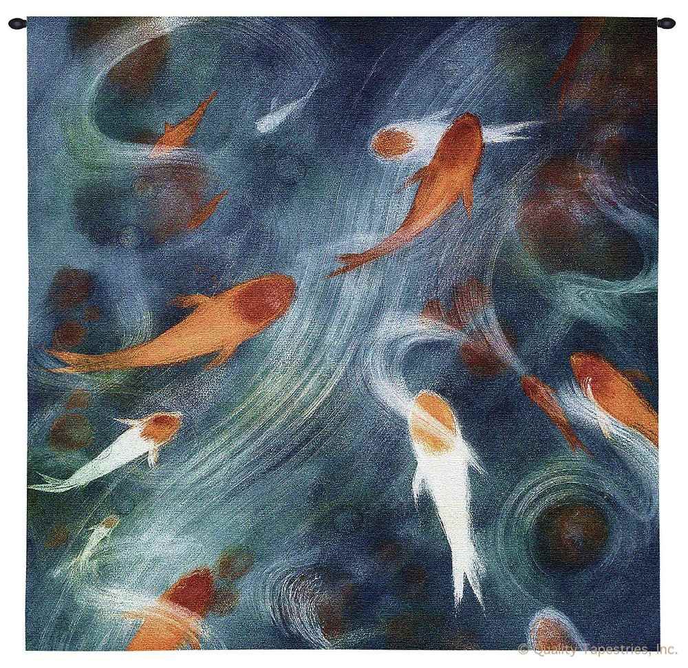 Playing Koi Wall Tapestry C-4549, 4549-Wh, 4549C, 4549Wh, 50-59Inchestall, 50-59Incheswide, 52H, 52W, Abstract, Animal, Art, Asia, Asian, Blue, Carolina, USAwoven, Chinese, Cotton, Fish, Hanging, Japanese, Koi, Orange, Orient, Oriental, Pond, Purple, Square, Tapestries, Tapestry, Wall, Woven, tapestries, tapestrys, hangings, and, the, coy, fish, pond, abstract
