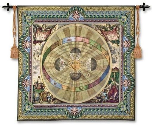 Copernican System Wall Tapestry C-4586, 4586-Wh, 4586C, 4586Wh, 50-59Inchestall, 50-59Incheswide, 52H, 57W, Antique, Art, Carolina, USAwoven, Copernican, Cotton, Grande, Green, Hanging, Hemisphere, Hemispheres, Map, Maps, Medieval, Old, Olde, Square, Sun, System, Tapestries, Tapestry, Vintage, Wall, World, Woven, tapestries, tapestrys, hangings, and, the