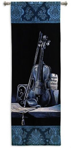 Music Violin Minuet Wall Tapestry C-5264, 10-29Incheswide, 18W, 50-59Inchestall, 5264-Wh, 5264C, 5264Wh, 52H, Art, Black, Blue, Carolina, USAwoven, Cotton, Dark, Group, Hanging, Instrument, Instruments, Long, Minuet, Music, Musical, Panel, Tall, Tapestries, Tapestry, Vertical, Violin, Wall, Woven, tapestries, tapestrys, hangings, and, the