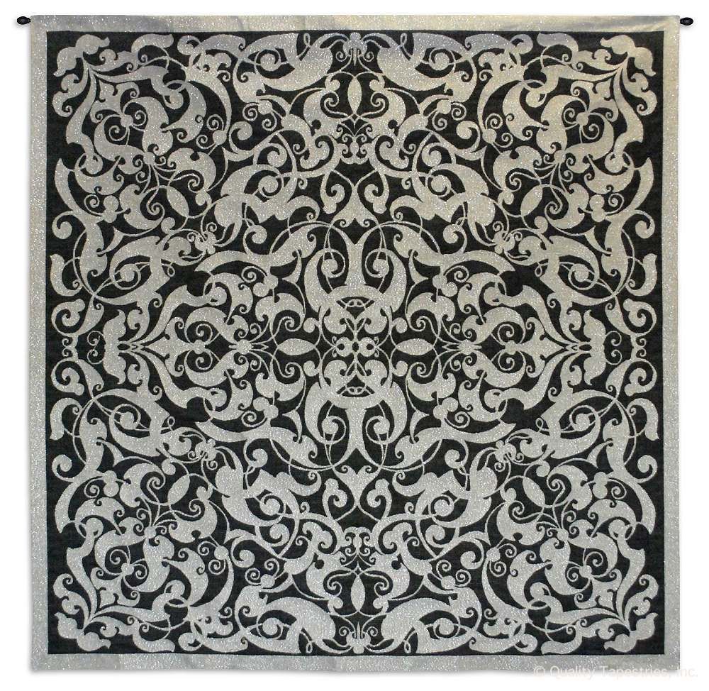 Silver Scrolls Lurex Motif Wall Tapestry C-5847, &, 50-59Inchestall, 50-59Incheswide, 53H, 53W, 5847-Wh, 5847C, 5847Wh, Art, Black, Carolina, USAwoven, Complex, Cotton, Design, Designs, Gray, Grey, Hanging, Intricate, Lurex, Motif, Pattern, Patterns, Scrolls, Shapes, Silver, Square, Tapestries, Tapestry, Textile, Wall, White, Woven, tapestries, tapestrys, hangings, and, the