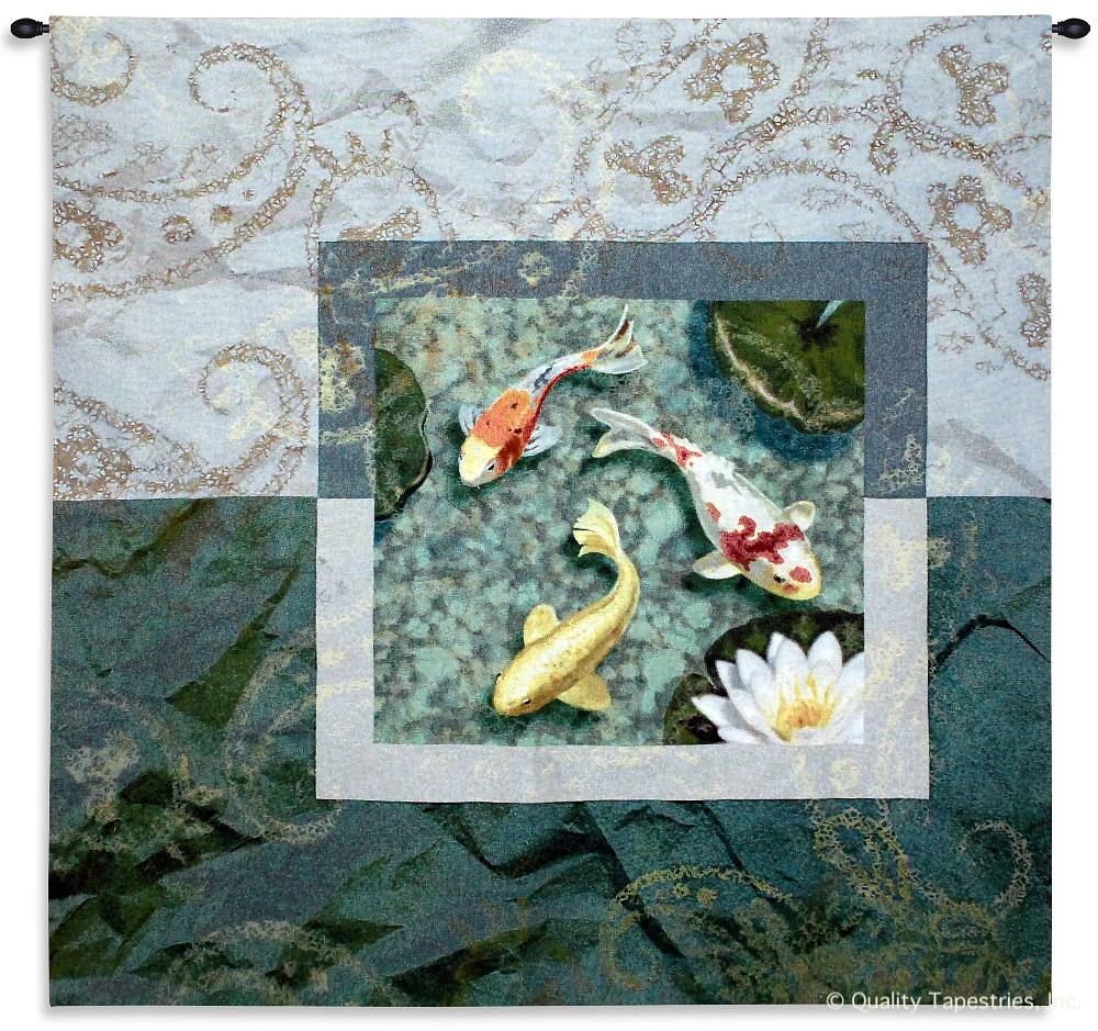 Koi Fish Green Wall Tapestry C-6376, 50-59Inchestall, 50-59Incheswide, 53H, 53W, 6376-Wh, 6376C, 6376Wh, Animal, Art, Asian, Blue, Carolina, USAwoven, Chinese, Cotton, Fish, Green, Hanging, Japanese, Koi, Oriental, Square, Tapestries, Tapestry, Wall, Woven, tapestries, tapestrys, hangings, and, the
