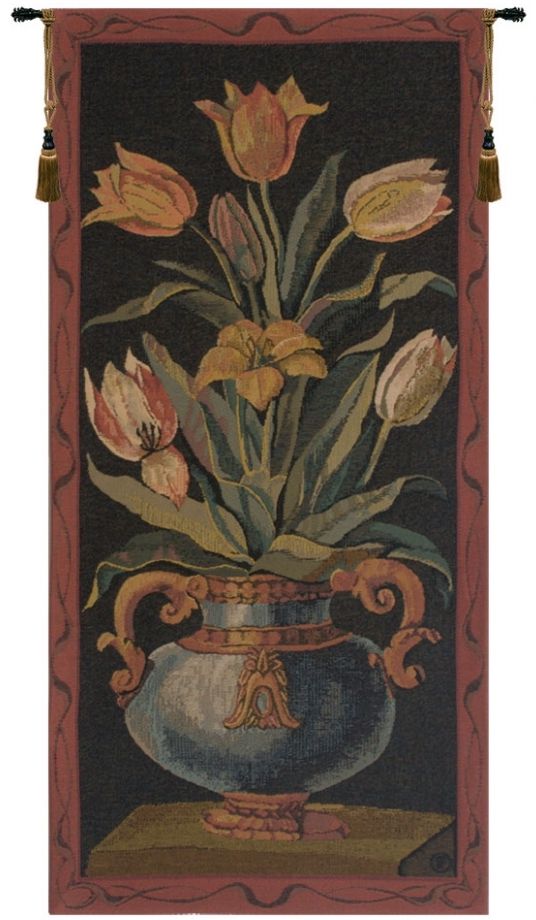 Tulips Belgian Wall Tapestry W-1684, 10-29Incheswide, 21W, 30-39Incheswide, 30W, 40-49Inchestall, 43H, 60-69Inchestall, 68H, Belgian, Border, Red, Tapestry, Tulips, Vertical, Wall, Belgianwoven, Europeanwoven, tapestries, tapestrys, hangings, and, the, roses, floral