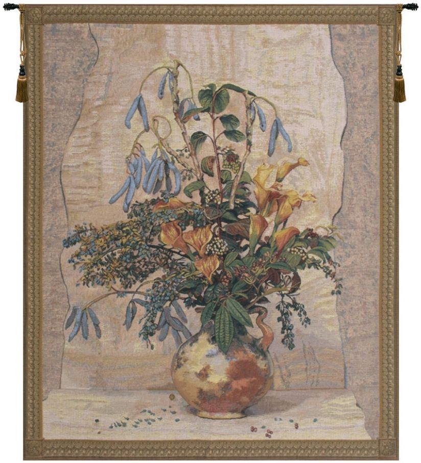 Mobach Belgian Wall Tapestry W-1750, 30-39Incheswide, 35W, 40-49Inchestall, 43H, Belgian, Border, Flowers, Gray, Mobach, Orange, Orangeborder, Tapestry, Vertical, Wall, Belgianwoven, Europeanwoven, tapestries, tapestrys, hangings, and, the, wool