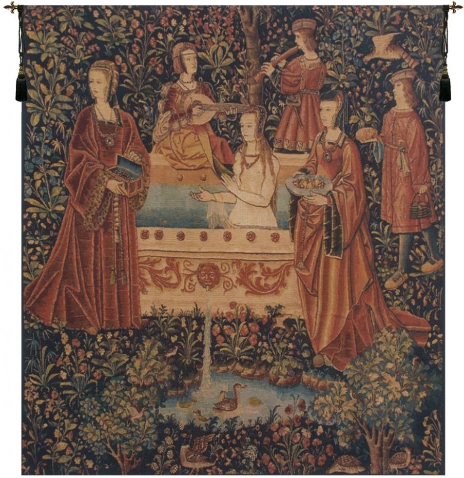 Noble Lady Belgian Wall Tapestry W-2182, 30-39Incheswide, 38W, 40-49Inchestall, 42H, Bain, Belgian, Blue, Red, Square, Tapestry, Wall, Belgianwoven, Europeanwoven, tapestries, tapestrys, hangings, and, the, Renaissance, rennaisance, rennaissance, renaisance, renassance, renaissanse