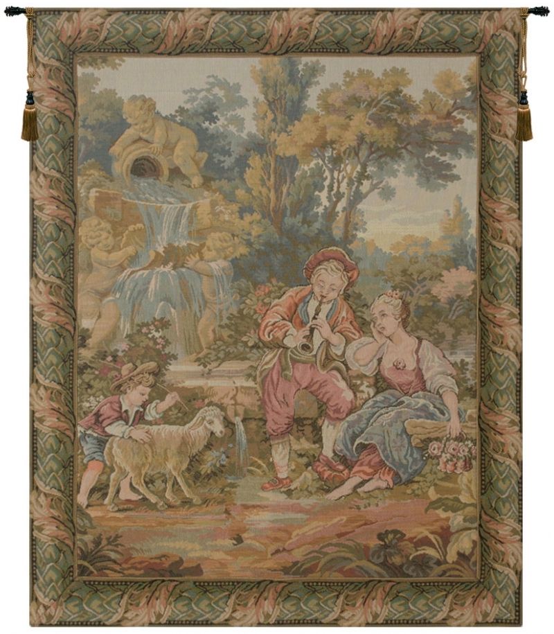 Romantic Musical Interlude Vertical Italian Wall Tapestry pastoral, lake, mill, fountain, angels, tapestries, tapestrys, hangings, and, the, Renaissance, rennaisance, rennaissance, renaisance, renassance, renaissanse