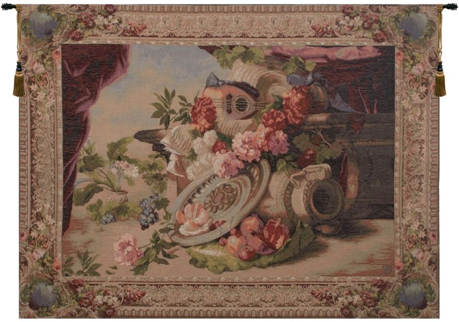 Mandolin French Wall Tapestry Hanging, Tapestries, Woven, still, life, flowers, floral, botanical, border, tapestries, tapestrys, hangings, and, the, frenchborder, wool