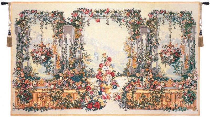 Jardin French Wall Tapestry W-3616, 100-200Incheswide, 110W, 30-39Inchestall, 37H, 50-59Inchestall, 50-59Incheswide, 50H, 59W, 70-79Inchestall, 70H, 80-99Incheswide, 84W, Armide, Big, Biggest, Cream, De, Enormous, Floral, Flowers, French, Gold, Horizontal, Huge, Jardin, Large, Largest, Really, Tapestry, Wall, White, Frenchwoven, Europeanwoven, tapestries, tapestrys, hangings, and, the