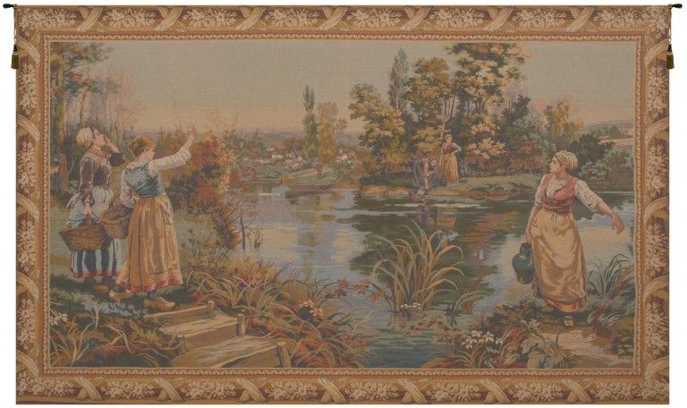 Hailing the Ferryman French Wall Tapestry W-3635, 30-39Inchestall, 36H, 40-49Inchestall, 46H, 50-59Incheswide, 58W, 70-79Incheswide, 74W, Border, Ferryman, French, Gold, Green, Hailing, Horizontal, Tapestry, The, Wall, Frenchwoven, Europeanwoven, tapestries, tapestrys, hangings, and, the, Renaissance, rennaisance, rennaissance, renaisance, renassance, renaissanse