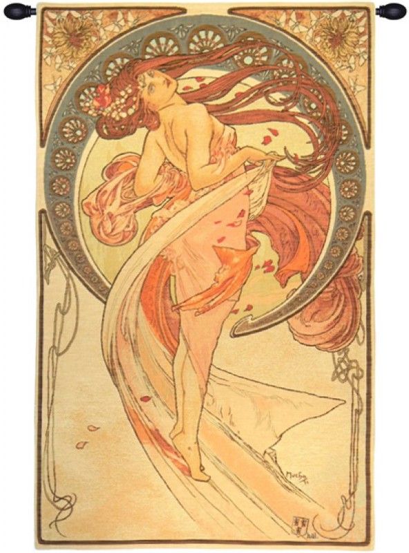 Nouveau Dance French Wall Tapestry W-3905, 10-29Incheswide, 27W, 40-49Inchestall, 45H, Cream, Dance, French, Light, Mucha, Pink, Tapestry, Vertical, Wall, Frenchwoven, Europeanwoven, tapestries, tapestrys, hangings, and, the