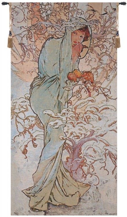 Nouveau Winter Belgian Wall Tapestry W-5339, 10-29Incheswide, 25W, 50-59Inchestall, 50H, Belgian, Blue, Cream, Light, Mucha, Tapestry, Vertical, Wall, White, Winter, Belgianwoven, Europeanwoven, tapestries, tapestrys, hangings, and, the
