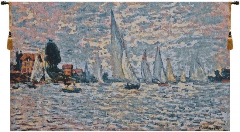 Regatta a largenteuil Belgian Wall Tapestry W-7345, 10-29Inchestall, 20H, 30-39Incheswide, 33W, A, Belgian, Blue, Boats, Gray, Horizontal, LArgenteuil, Regatta, Ships, Tapestry, Wall, White, Belgianwoven, Europeanwoven, tapestries, tapestrys, hangings, and, the