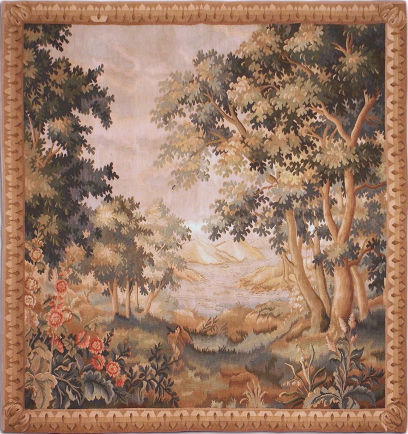Hand Woven Verdure Aubusson Style Square Wall Tapestry Hand Woven Verdure Aubusson Style Square Wall Tapestry