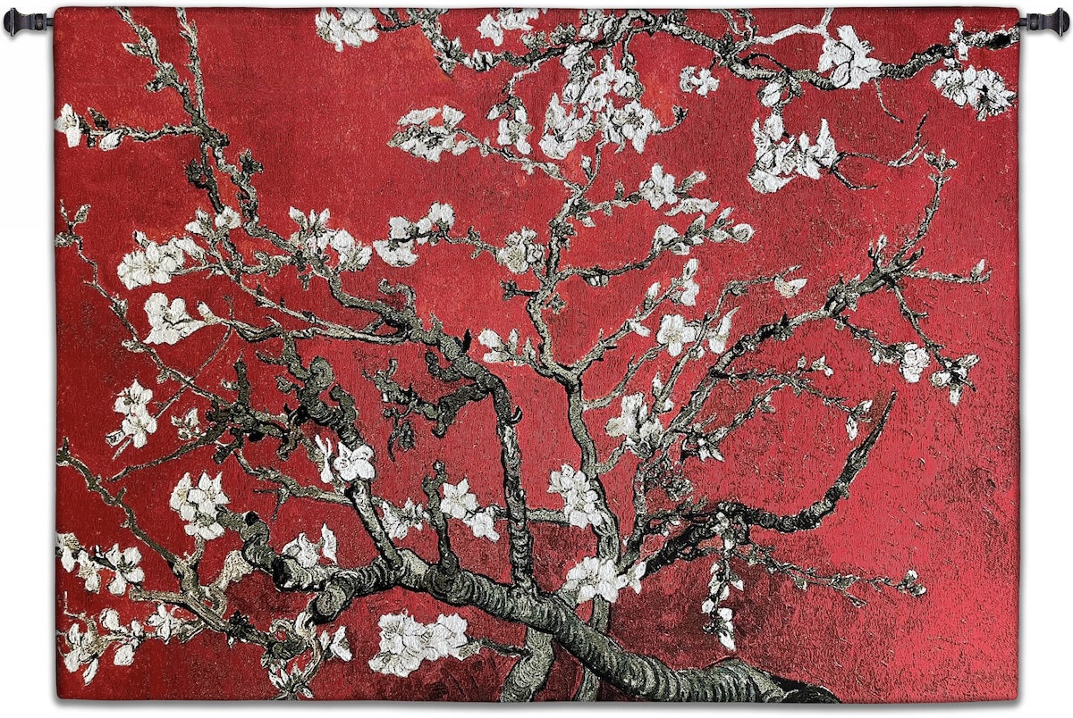 Almond Blossom Red Horizontal Wall Tapestry