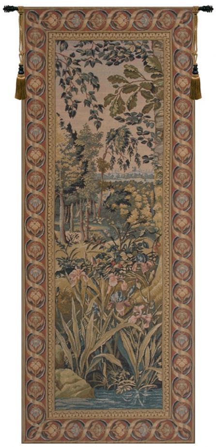 Jagaloon Iris Flanders Belgian Wall Tapestry W-1707, 10-29Incheswide, 26W, 60-69Inchestall, 66H, Belgian, Border, Brown, Flanders, Green, Iris, Jagaloon, Tapestry, Vertical, Wall, Belgianwoven, Europeanwoven, tapestries, tapestrys, hangings, and, the