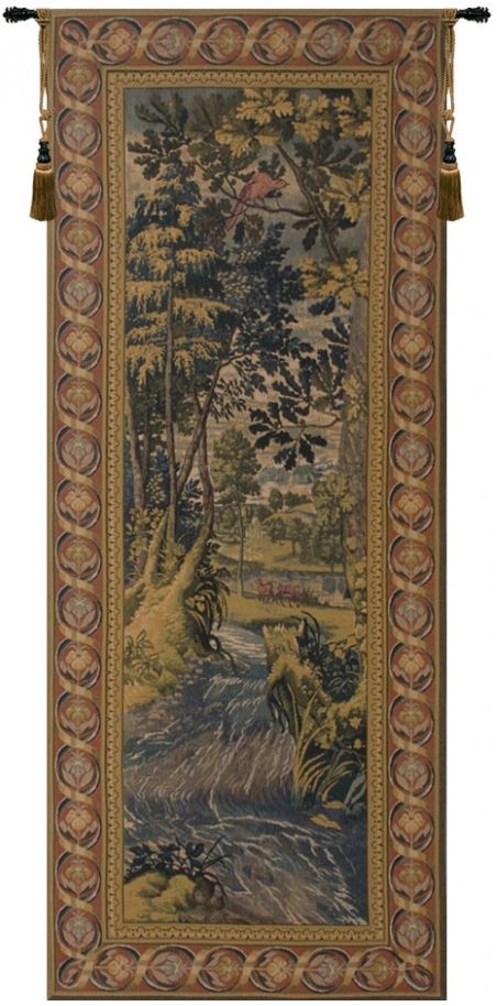 Jagaloon Forest Brook Belgian Wall Tapestry W-1708, 10-29Incheswide, 26W, 60-69Inchestall, 66H, Belgian, Border, Brook, Brown, Forest, Green, Jagaloon, Tapestry, Vertical, Wall, Belgianwoven, Europeanwoven, tapestries, tapestrys, hangings, and, the