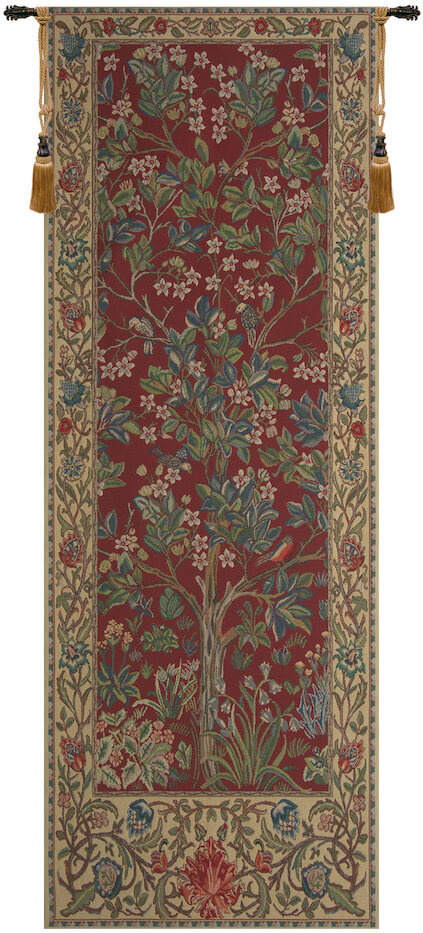 Tree of Life Red William Morris Vertical Belgian Wall Tapestry Narrow, Hanging, Portiere, Tapestries, Woven, tapestries, tapestrys, hangings, and, the, william, morris, belgium, tree, of, life, trees, wall, tapestry, blue, green, cream, border, leaf, leafs, leaves, vines, belgian