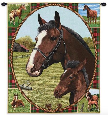 Thoroughbred Horse Wall Tapestry C-0295, 0295-Wh, 0295C, 0295Wh, 10-29Incheswide, 26W, 30-39Inchestall, 34H, Animal, Brown, Carolina, USAwoven, Dowel, Green, Horse, Red, Tapestry, Thoroughbred, Vertical, Wall, Wood, tapestries, tapestrys, hangings, and, the