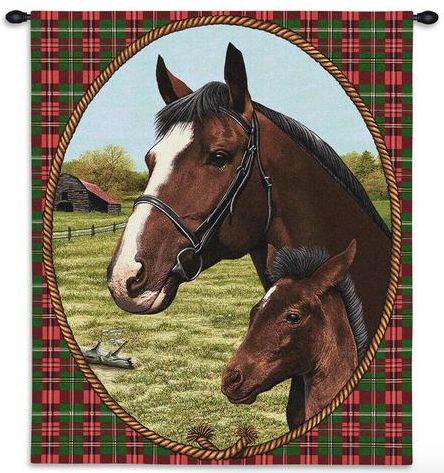 Cheval Horse Wall Tapestry C-0297, 0297-Wh, 0297C, 0297Wh, 10-29Incheswide, 26W, 30-39Inchestall, 34H, Animal, Brown, Carolina, USAwoven, Cheval, Dowel, Green, Horse, Red, Tapestry, Vertical, Wall, Wood, tapestries, tapestrys, hangings, and, the