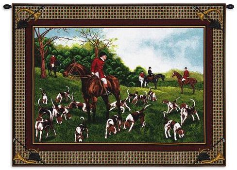 Fox Hunt Wall Tapestry C-0747, 0747-Wh, 0747C, 0747Wh, 10-29Inchestall, 26H, 30-39Incheswide, 34W, Animal, Brown, Carolina, USAwoven, Dowel, Fox, Horizontal, Hunt, Tapestry, Wall, Wood, tapestries, tapestrys, hangings, and, the