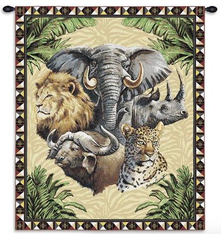 Big Five Safari Wall Tapestry C-0767, 0767-Wh, 0767C, 0767Wh, 10-29Inchestall, 26H, 30-39Incheswide, 34W, Africa, Animal, Beige, Big, Brown, Carolina, USAwoven, Cheetah, Dowel, Elephant, Five, Horizontal, Jungle, Lion, Rhino, Safari, Tapestry, Wall, Wood, tapestries, tapestrys, hangings, and, the