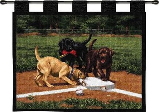 Stealing 2nd Base Wall Tapestry C-0820, 0820-Wh, 0820C, 0820Wh, 10-29Inchestall, 26H, 2Nd, 30-39Incheswide, 34W, Animal, Base, Baseball, Brown, Carolina, USAwoven, Dogs, Dowel, Green, Horizontal, Stealing, Tapestry, Wall, Wood, tapestries, tapestrys, hangings, and, the