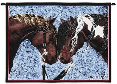 Warriors Truce Wall Tapestry C-0971, 0971-Wh, 0971C, 0971Wh, 10-29Inchestall, 26H, 30-39Incheswide, 32W, Animal, Blue, Carolina, USAwoven, Dowel, Horizontal, Horses, Tapestry, Truce, Wall, Warriors, Wood, tapestries, tapestrys, hangings, and, the