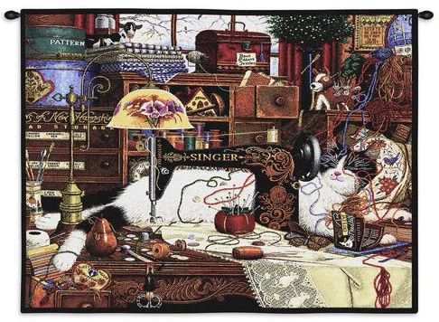 Maggie The Mess Maker Wall Tapestry C-0976, 0976-Wh, 0976C, 0976Wh, 10-29Inchestall, 26H, 30-39Incheswide, 34W, Animal, Brown, Carolina, USAwoven, Cat, Cats, Dowel, Horizontal, Maggie, Maker, Mess, Tapestry, The, Wall, Wood, tapestries, tapestrys, hangings, and, the
